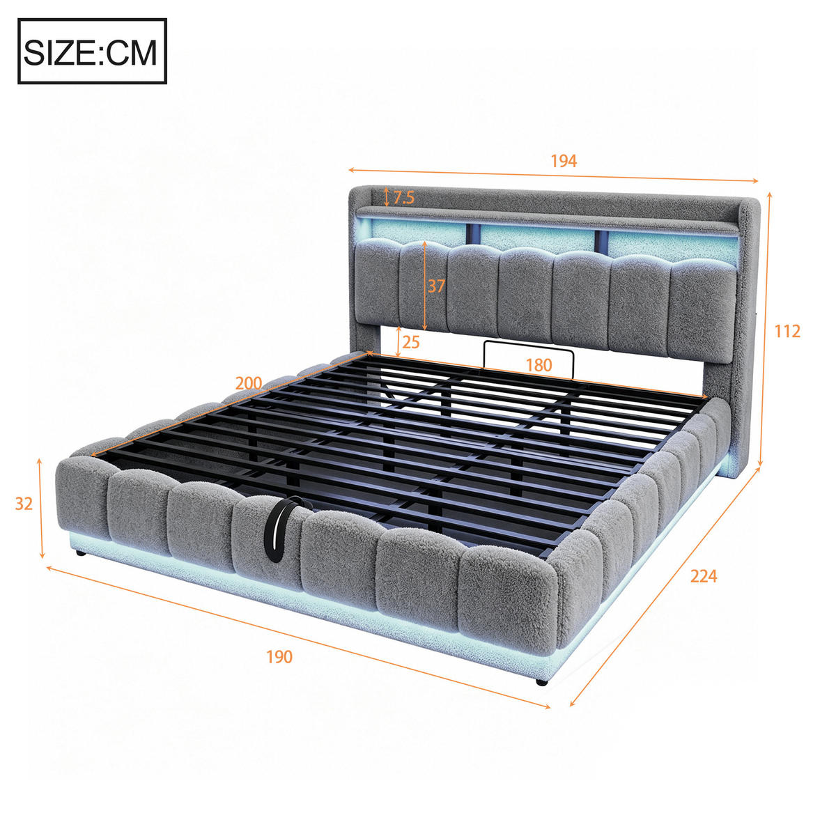 POLSTERBETT 180/200 cm in Grau mit Bettkasten, LED und USB-Anschluss aus Stoff und Metall - Grau, Textil/Metall (180/200cm) - STILVORA