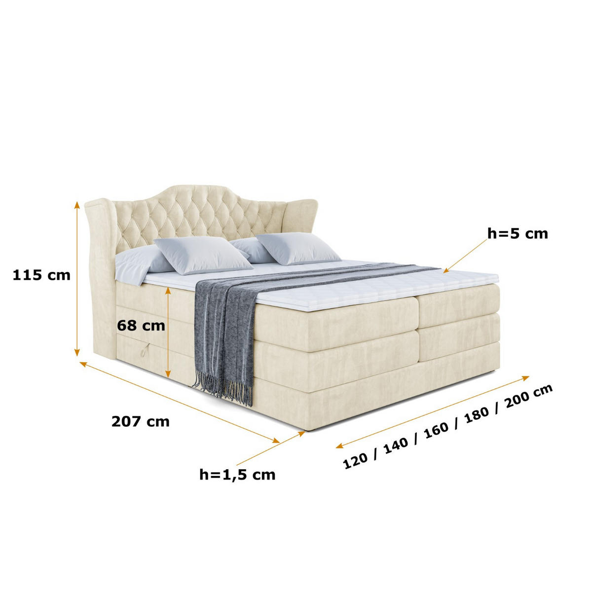 BOXSPRINGBETT VILA KING - 120x200 - H3/H4 - Beige - Beige, Holzwerkstoff (120/200cm) - ALTDECOR