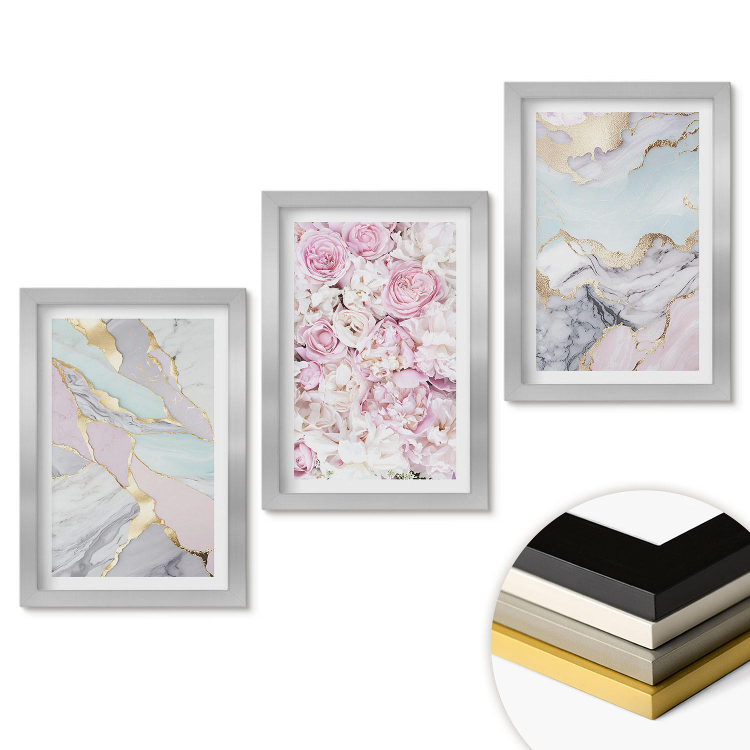 WANDBILDER 3er Set - 20x30 cm Silberner Rahmen - Rosa Blumen Marmor Pastell - Silberfarben, Kunststoff (20/30cm) - ArtPrintCave