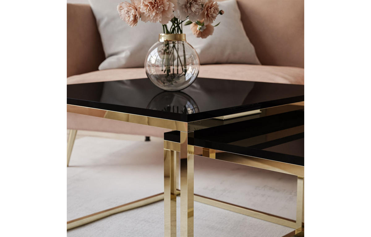 COUCHTISCH YOSHI 2in1 70/70/42 cm Gold Chrom / Schwarz Hochglanz - Schwarz, Holzwerkstoff/Metall (70/70/42cm) - Lookway