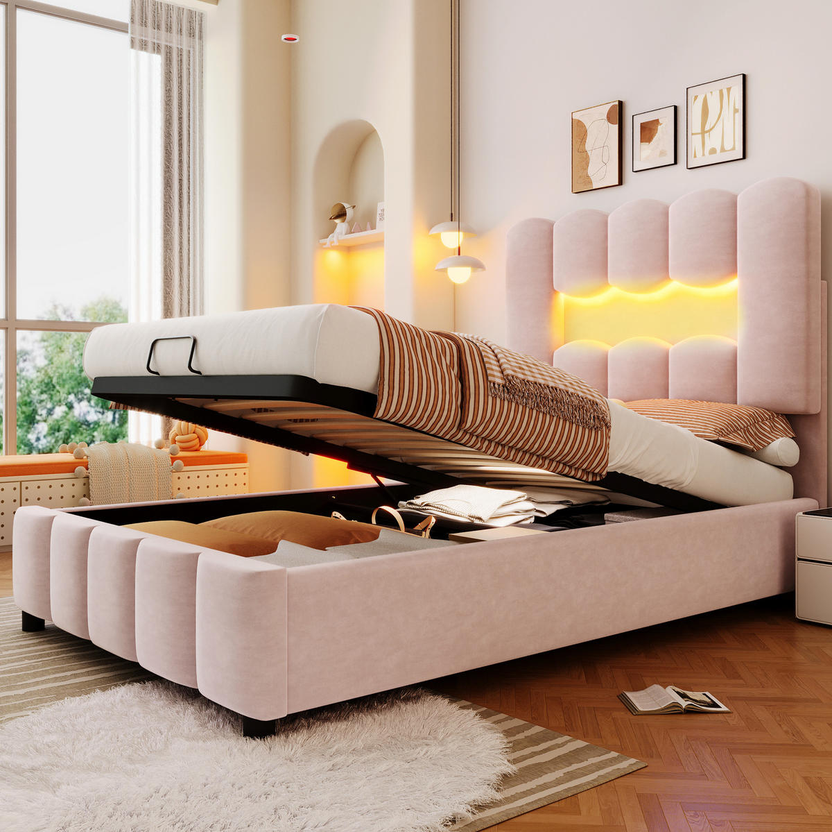 POLSTERBETT mit Stauraum und LED 90x200 cm Samt Rosa - Pink, Metall (90/200cm) - Beauniv