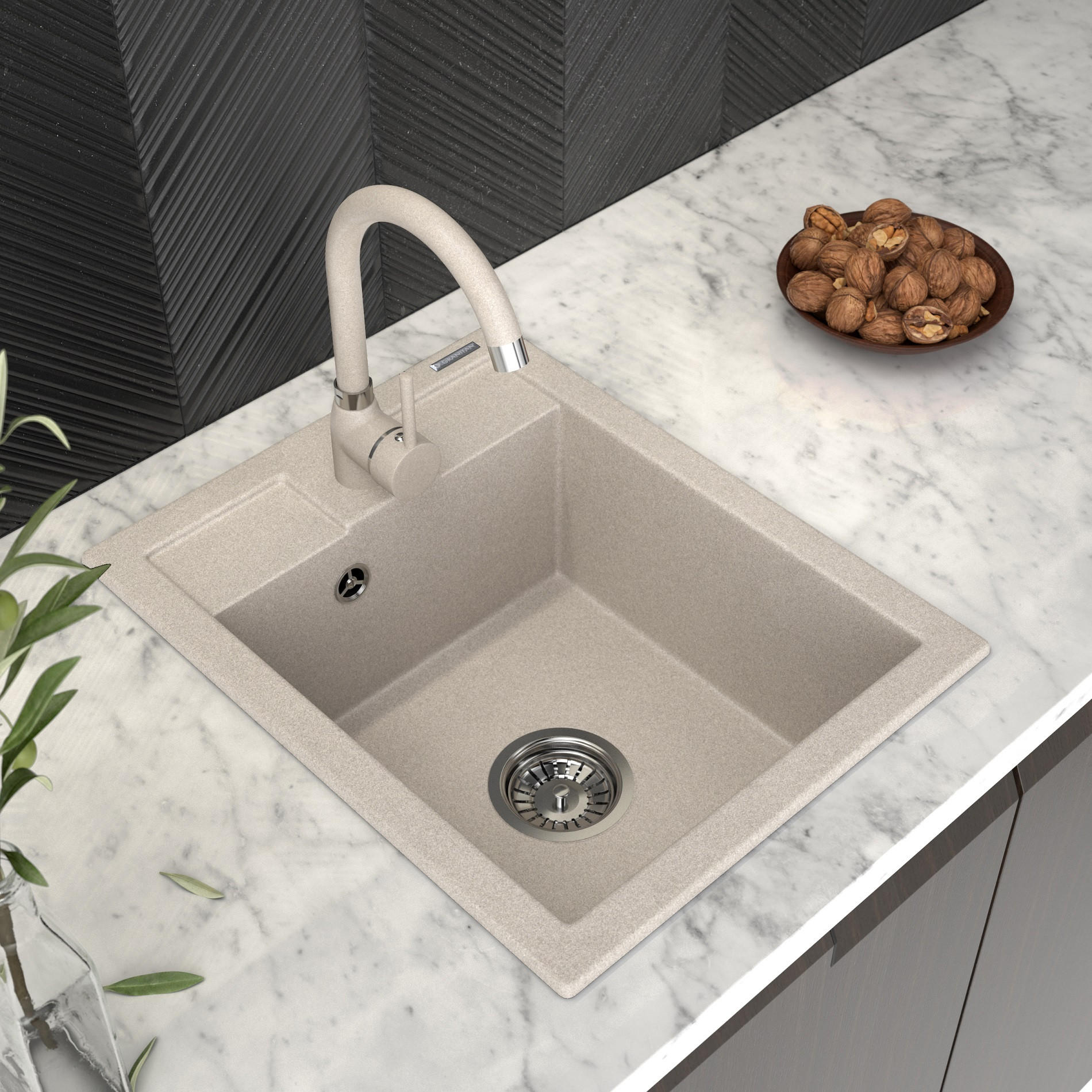GRANITSPÜLE Samos mit Siphon - Beige, Kunststoff/Stein (40/18/50cm) - Granitan