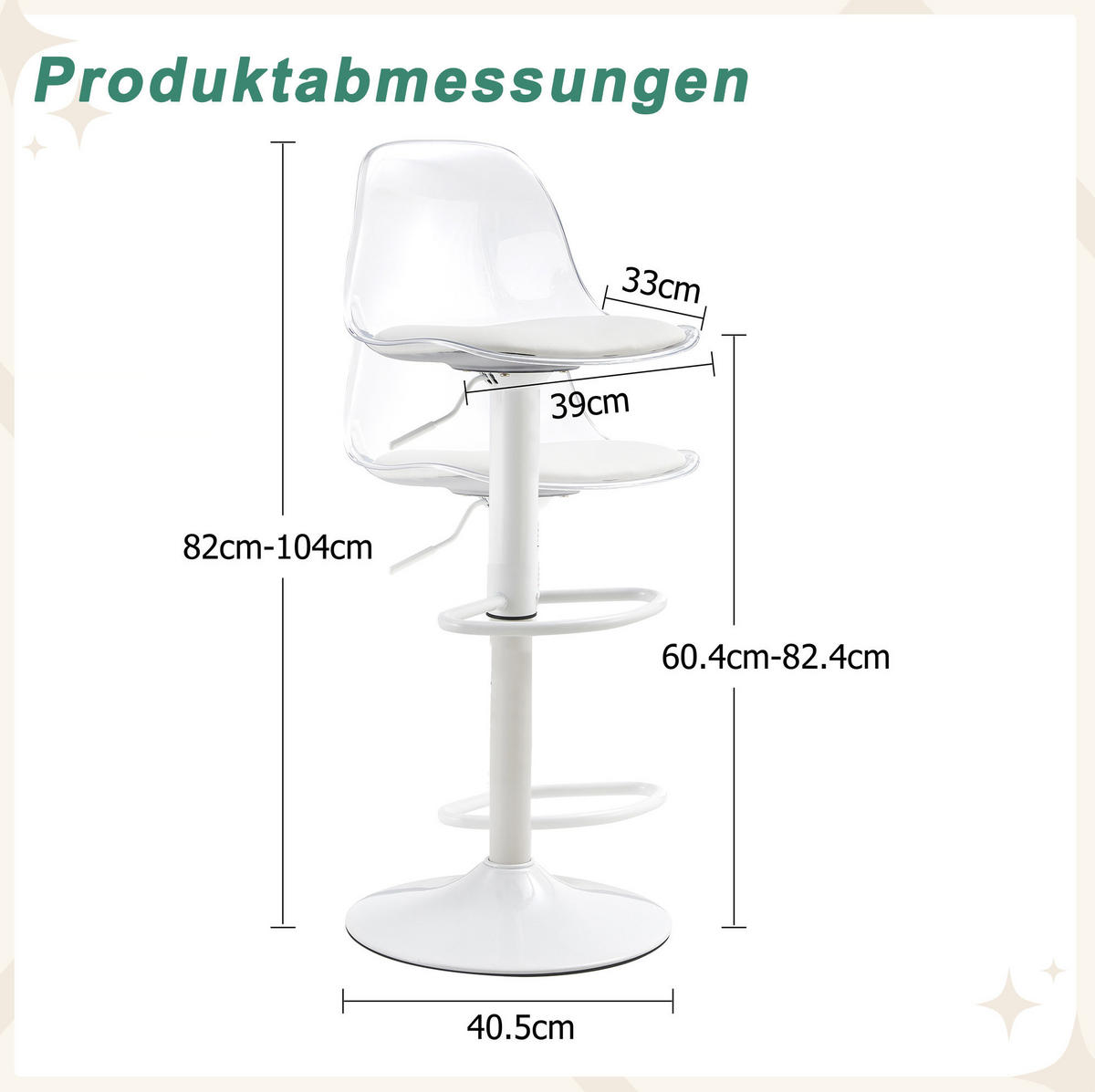 BARHOCKER 2er-Set höhenverstellbar Weiß mit transparenter Rückenlehne - Weiß, Metall (40.5/104/40.5cm) - MIVRAY