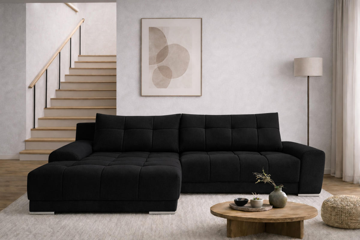 ECKSOFA WAVE Mit Schlaffunktion, Stoff SORO, Schwarz Links - Schwarz, Holz (105/281cm) - Kaiser Möbel
