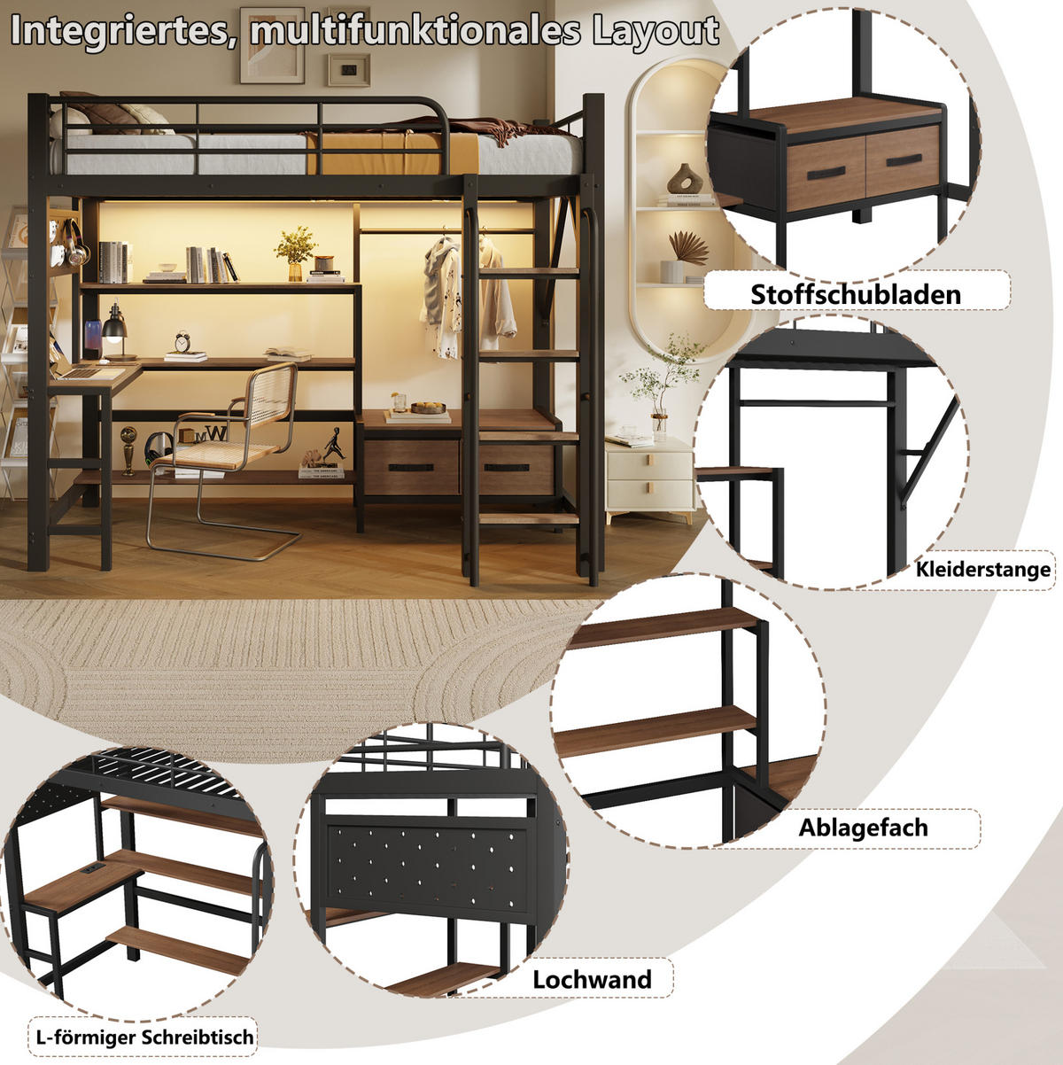 HOCHBETT aus Stahl und MDF 90x200 cm Schwarz mit Schreibtisch, LED-Beleuchtung und Stauraum - Schwarz, Holzwerkstoff (90/200cm) - Modfu