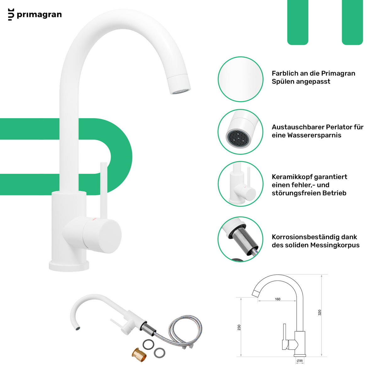 GRANITSPÜLE Sydney, 2-er set Weiß 78/50 cm 1 Becken + Küchenarmatur 32/20 cm + Ablauf-Set + Küchenzubehörset ab 60er Unterschrank - Chromfarben/Beige, Kunststoff (78/20/50cm) - Primagran