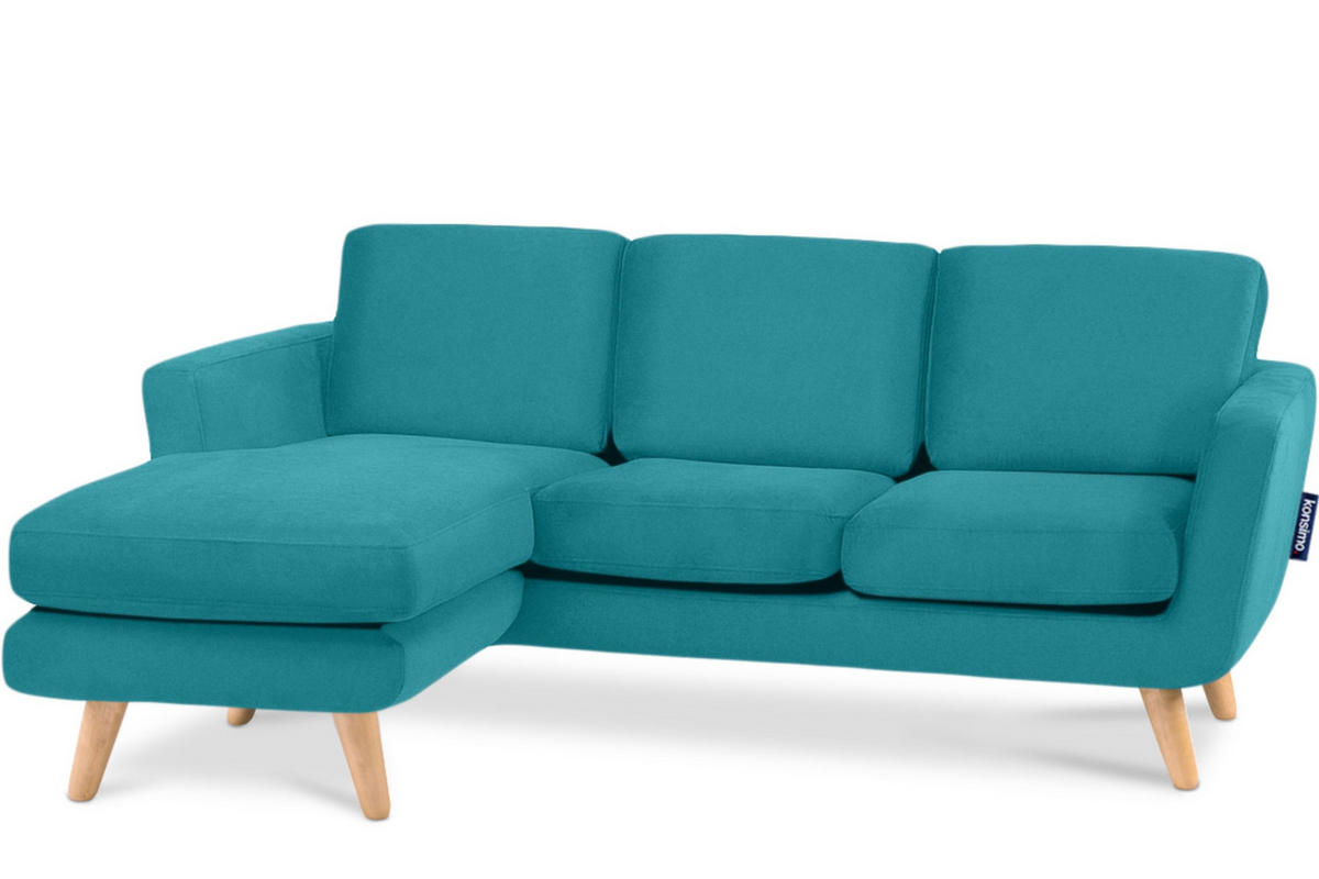 3-SITZER-ECKSOFA-LINKS TAGIO mit Ottomane , blau - Türkis/Braun, Buchenholz/Textil (190/151cm) - KONSIMO®