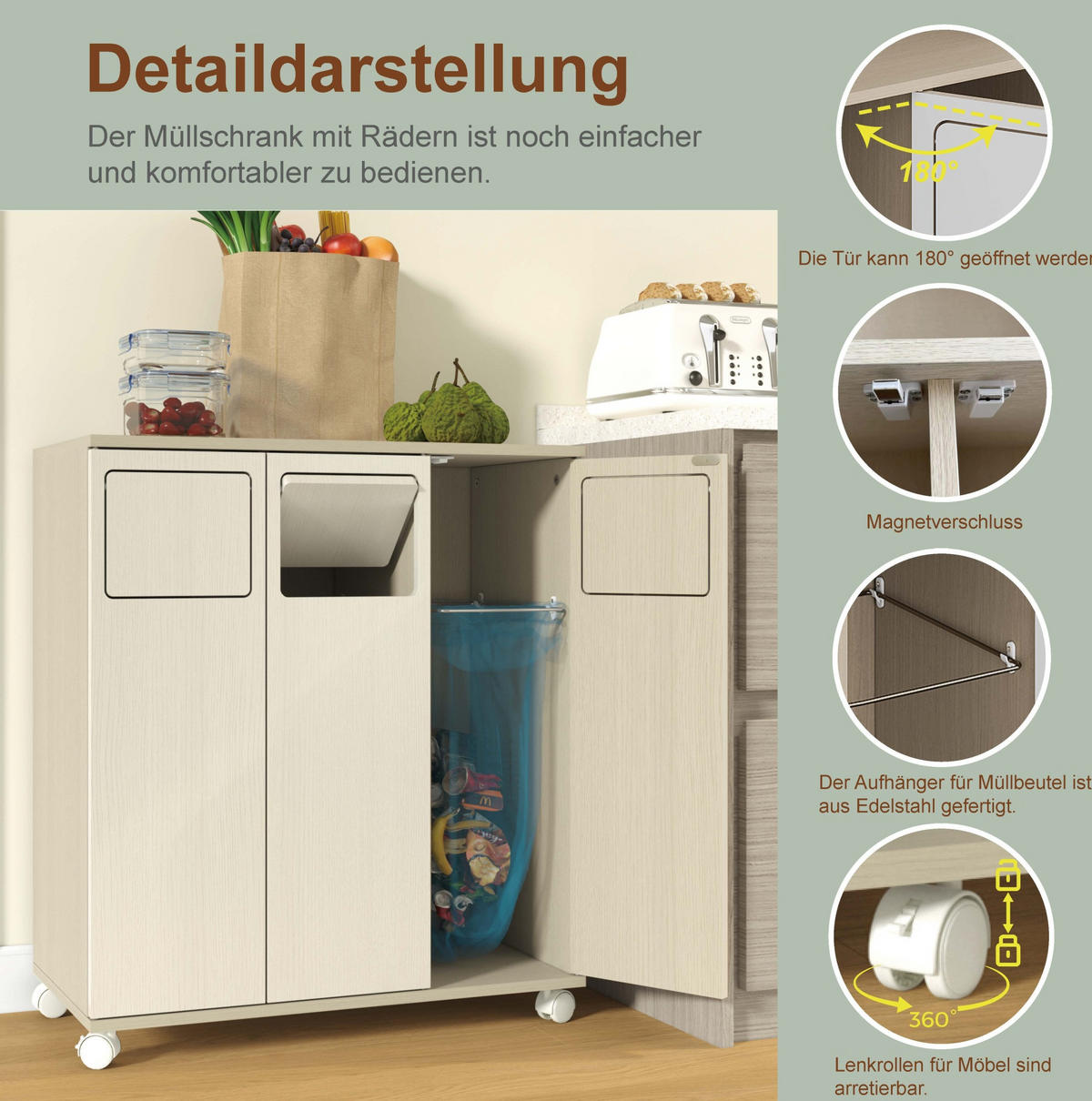 KOMMODE 69,3/35/80 cm in Weiß mit 3 Fächern und Rollen - Weiß, Holzwerkstoff (70/80/35cm) - Flora Grace