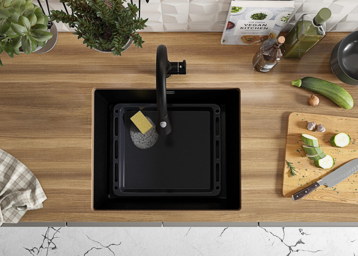 UNTERBAUSPÜLE GRANIT London, 2-er set Schwarz Metallic 56/47 cm 1 Becken + Ablauf-Set ab 60er Unterschrank - Chromfarben/Schwarz Hochglanz, Kunststoff (56/20/47cm) - Primagran