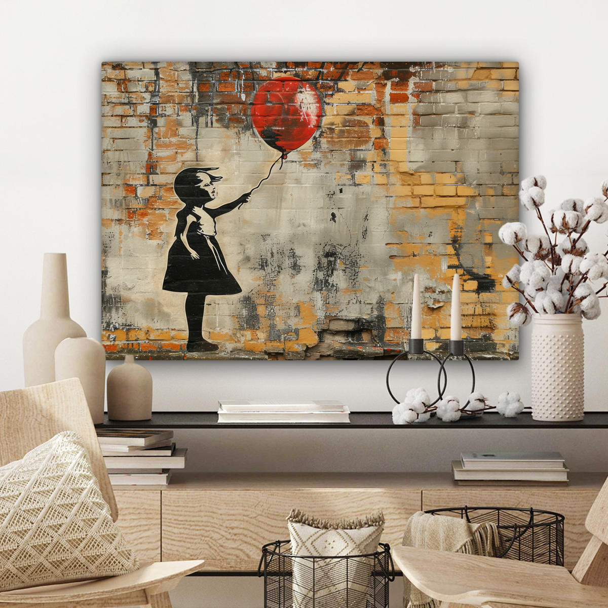LEINWANDBILD Graffiti - Banksy - Mädchen - Straßenkunst Wandbilder 80x60 cm - Sandfarben, Textil (80/60cm) - MuchoWow