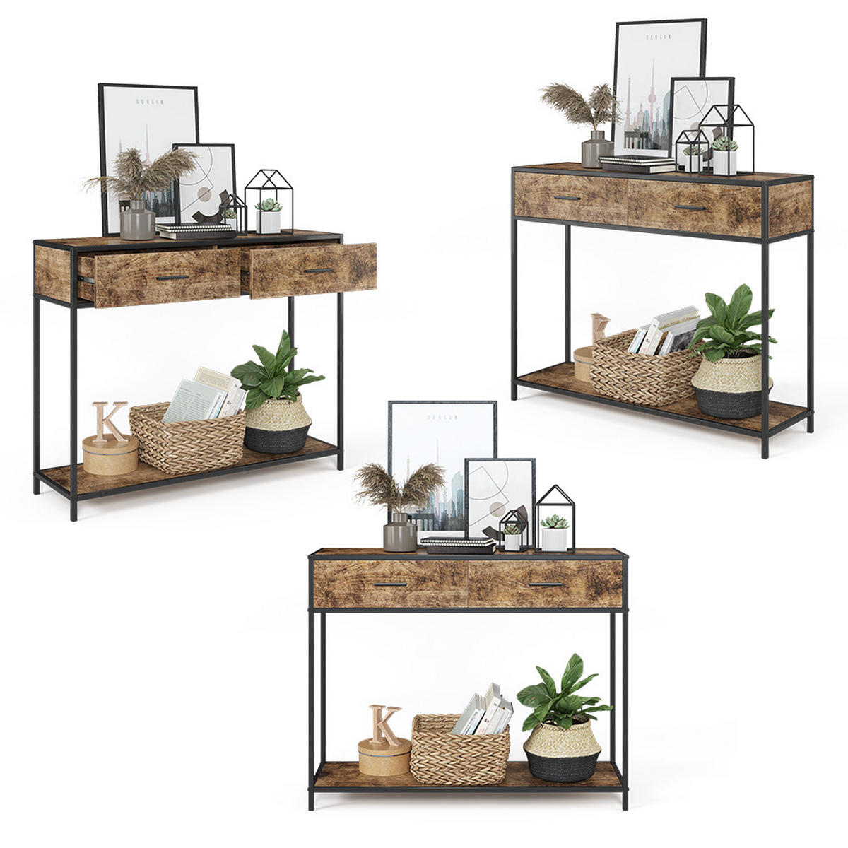 KONSOLENTISCH Fyrk Antikholz 100 x 80 cm mit Schubladen - Alteiche/Schwarz, Holzwerkstoff (30/100/80cm) - Vicco