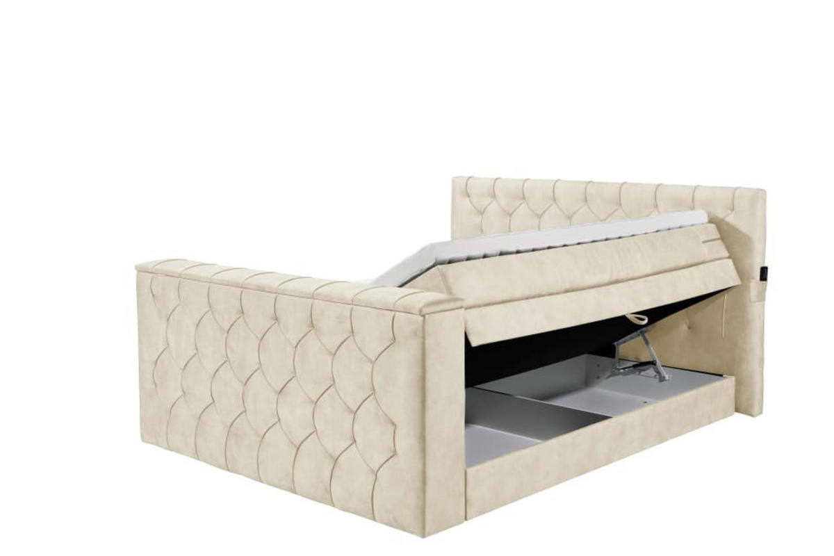 BOXSPRINGBETT 180x200 – motorisierte TV‑Halterung, HR-Lux-Topper, Duo‑Wendematratze H3/H4 - Beige/Creme, Textil (180/200cm) - ed exciting design