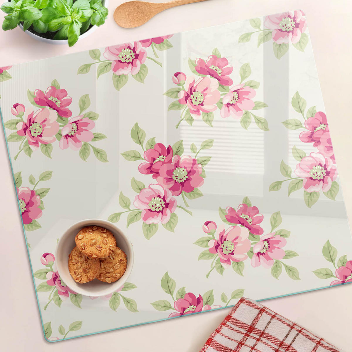 GLASPLATTE 60x52 cm Blumenmuster - Pink, Glas (60/0.4/52cm) - TULUP