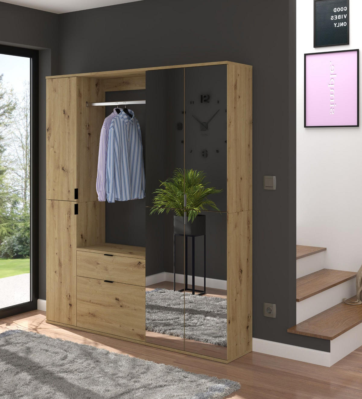 GARDEROBENSCHRANK Eiche Artisan 122 cm, Flurschrank mit Spiegel - Chromfarben/Schwarz, Glas/Holzwerkstoff (122/193/34cm) - Inn.Furn