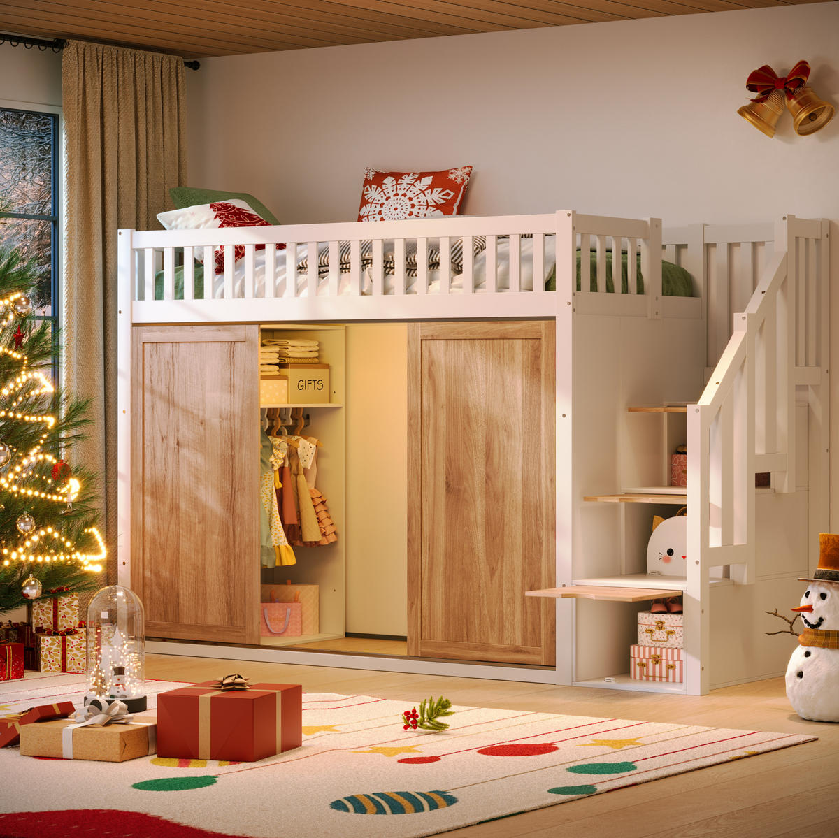 HOCHBETT 90/200 cm aus Massivholz/MDF mit Kleiderschrank, Treppenschrank und LED-Lichtleiste Weiß/Eichefarben - Weiß, Holz (90/200cm) - Modenvie