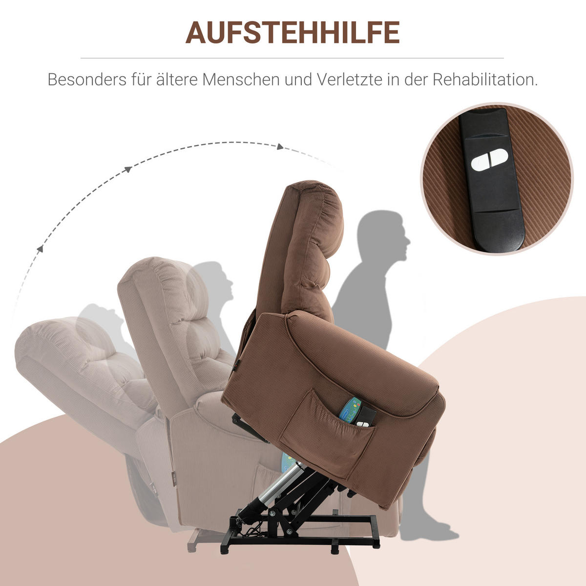 FERNSEHSESSEL Sessel mit Aufstehhilfe mit Massagefunktion Heizung Braun - Schwarz/Braun, Textil/Metall (97/103/79cm) - HOMCOM