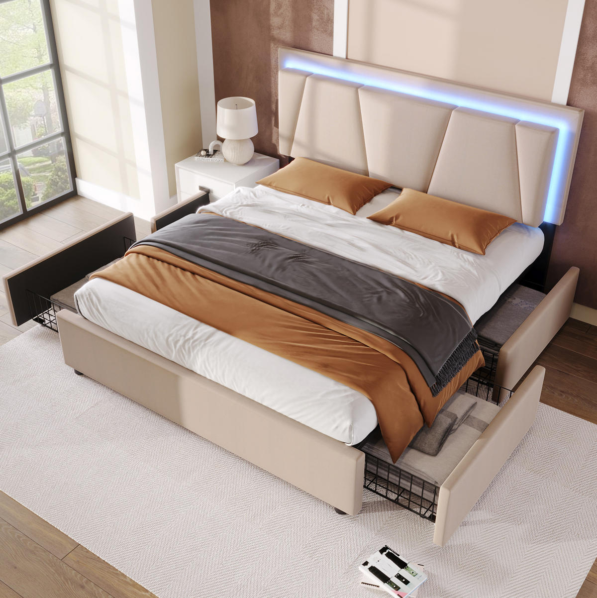POLSTERBETT 160/200 cm mit LED-Beleuchtung, 4 Schubladen und verstellbarem Kopfteil - Beige, Holz (160/200cm) - BEAOK
