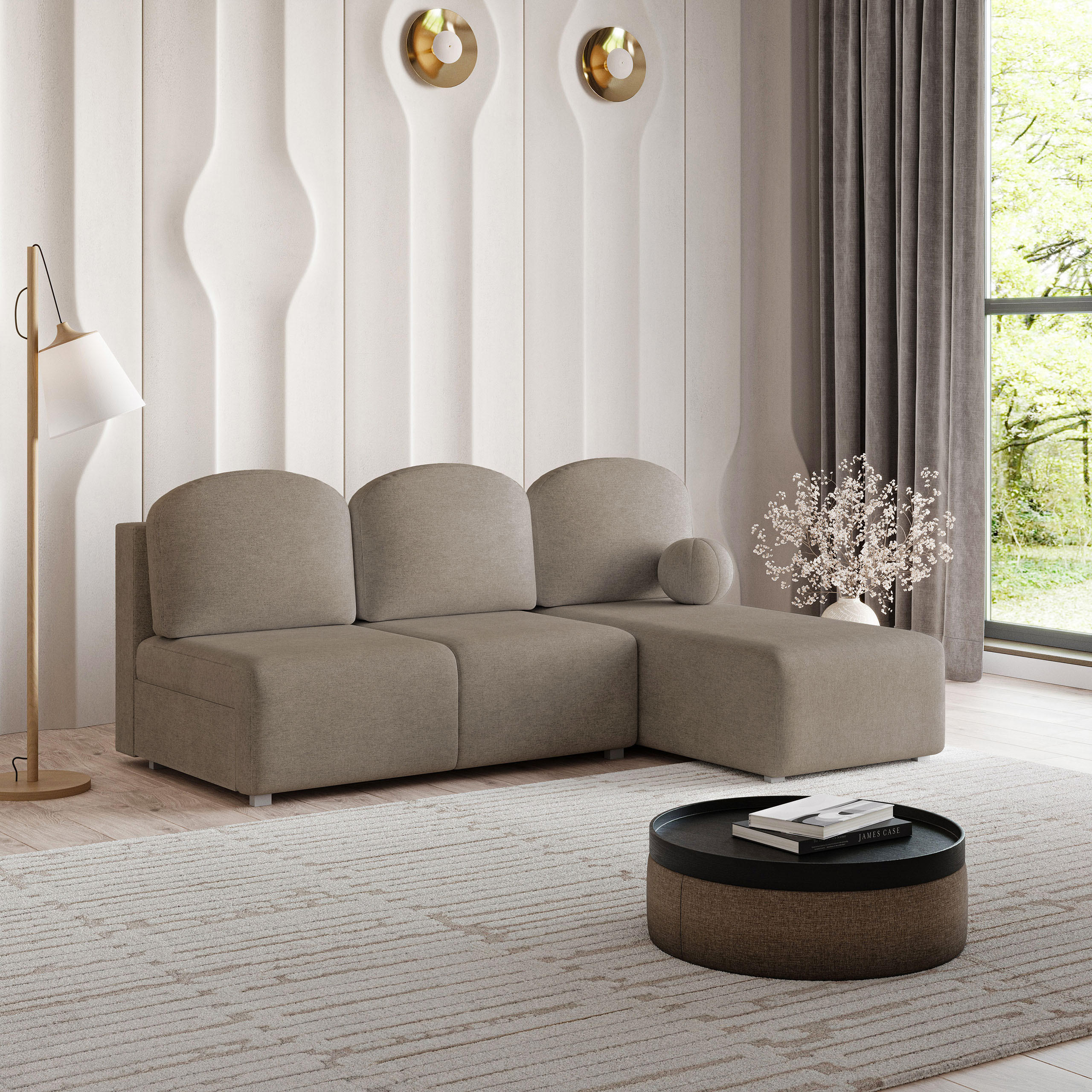 ECKSOFA TRAMA Braun Geflochtener Stoff mit Schlaffunktion - Braun, Holz (200/143cm) - MASSENO