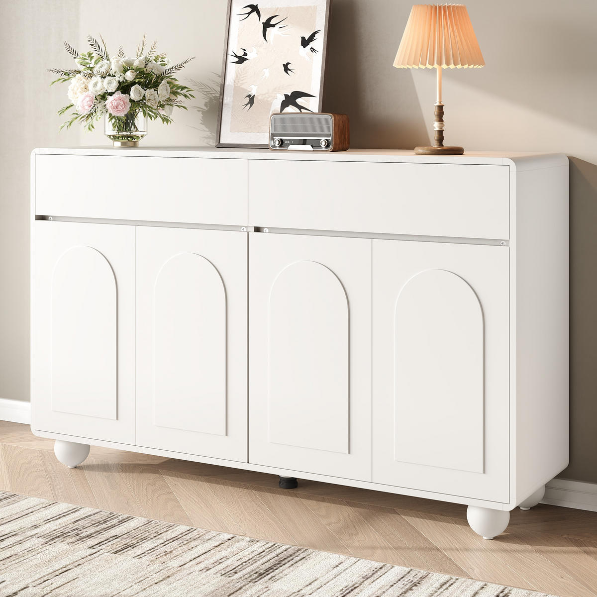 SIDEBOARD Kommode mit Bogenförmigen Türen, 2 Schubladen, 4 Türen & Metallkugelfüßen Weiß 1 Set PB/MDF/Metall - Weiß, Holzwerkstoff (140/89/38cm) - EVRYAE