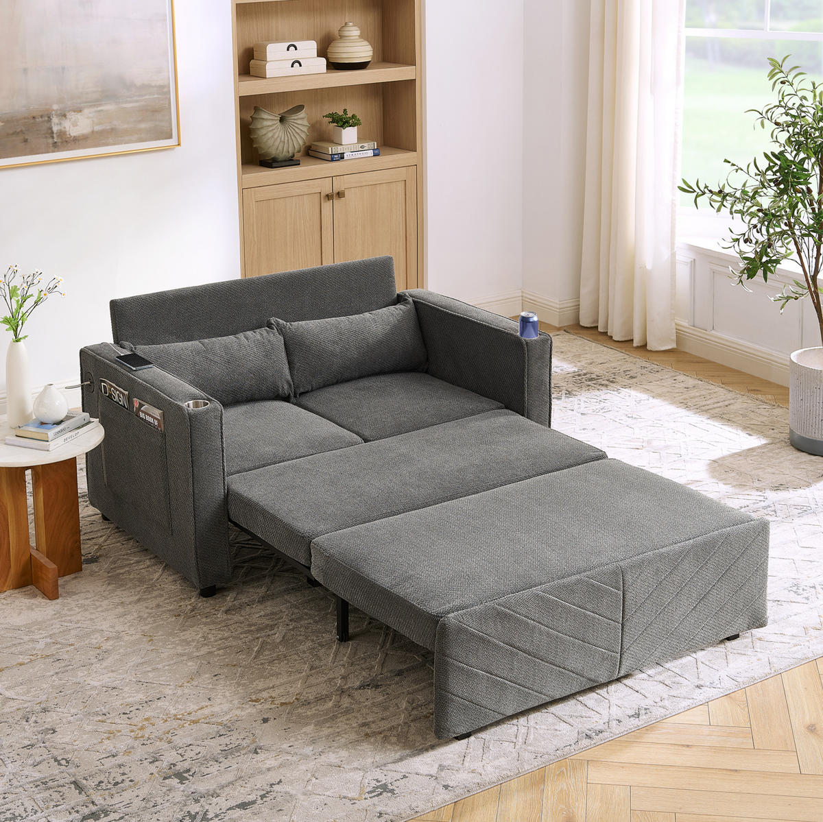 SCHLAFSOFA 3-in-1 mit USB-Ladeports Dark Gray - Dunkelgrau, Holz (134/73/195cm) - Meubliv