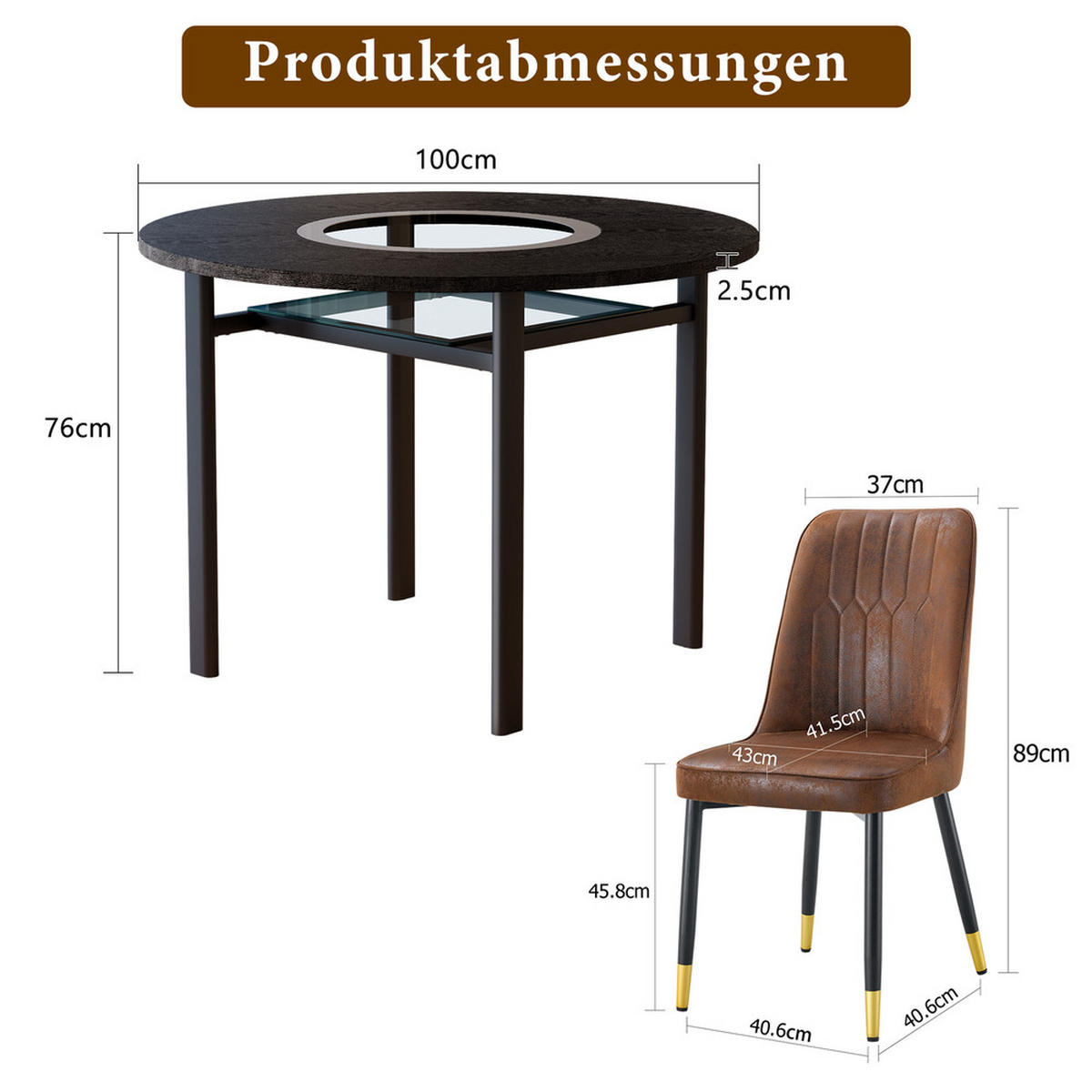 TISCHGRUPPE 3-tlg 100cm Schwarz Holzoptik mit Braunen Sesseln - Braun, Glas/Metall (63/22/113.5cm) - Raelunyi