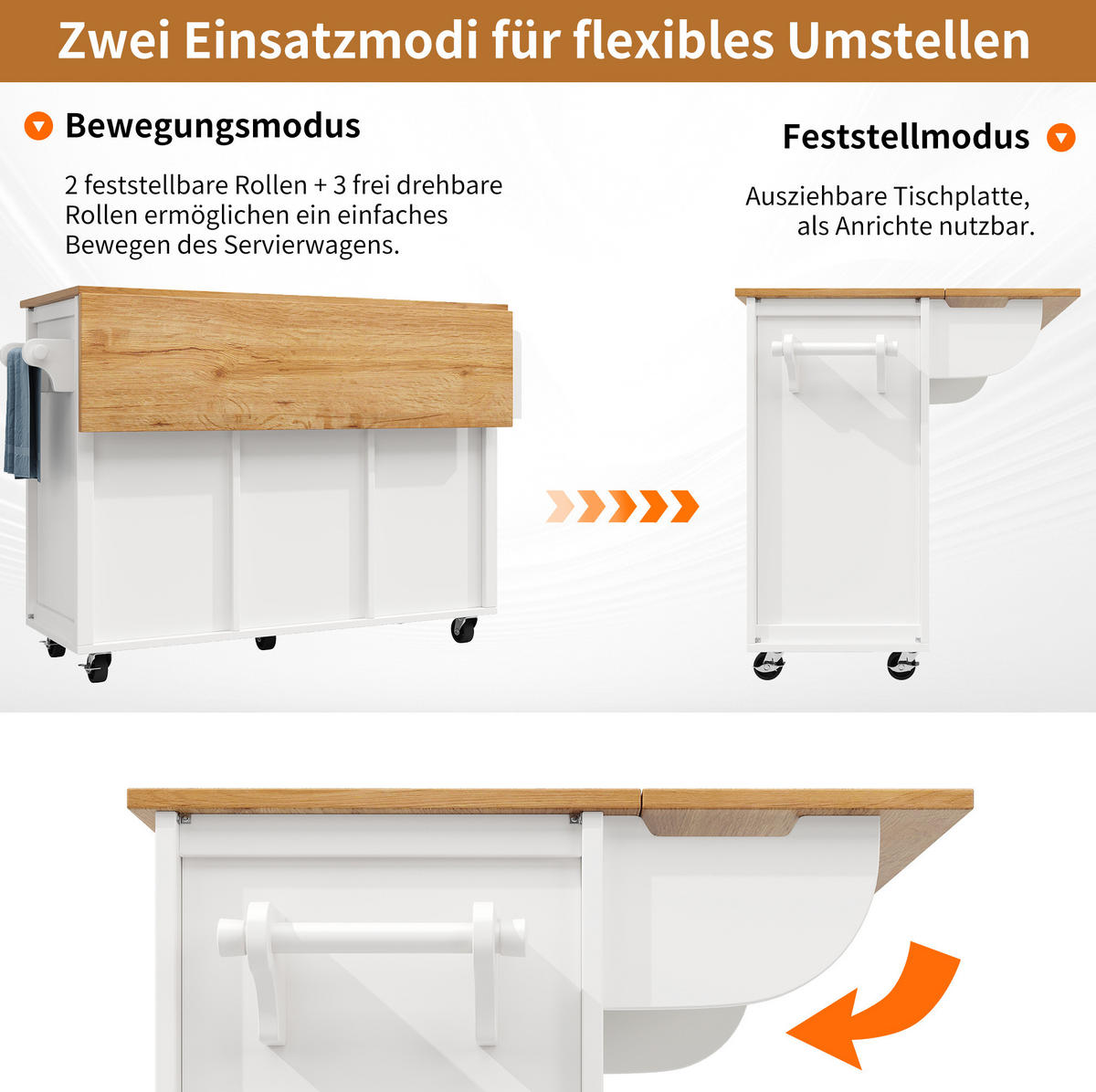 KÜCHENINSEL 137,9/73/92,2 cm in Weiß mit Klapptisch und 5 Rollen - Weiß, Holzwerkstoff (137.9/92/73cm) - Flora Grace