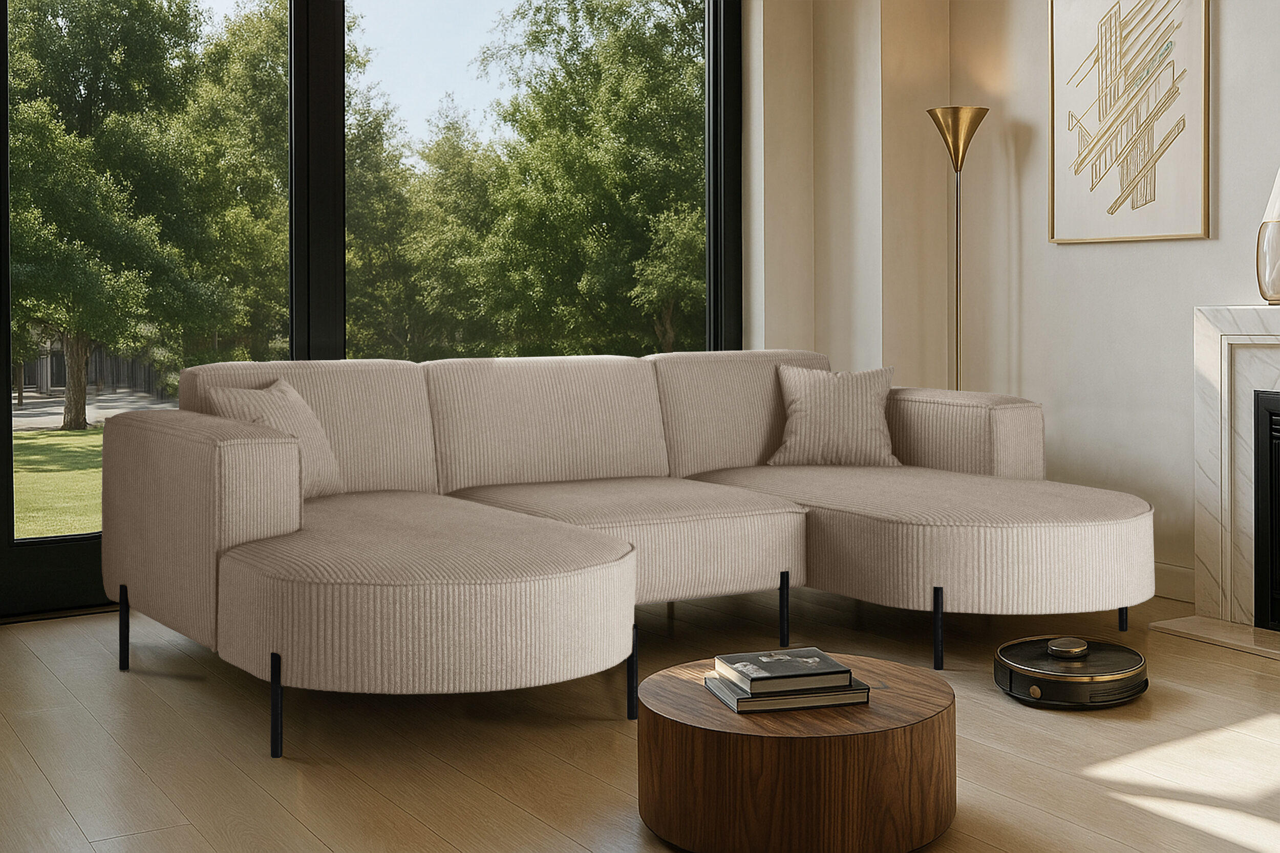 ECKSOFA Designer Modena U Rein stoff Poso Dunkelbeige - Cappuccino, Holz (165/299cm) - Kaiser Möbel