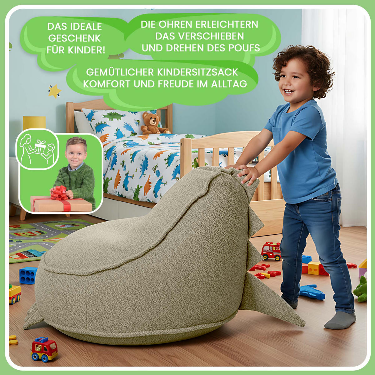 SITZSACK FÜR KINDER Dino 75/75/55 cm, weicher Bouclé 315 g/m², abnehmbarer Bezug, Toasted Almond - Beige, Textil (75/55/75cm) - Dreamroots