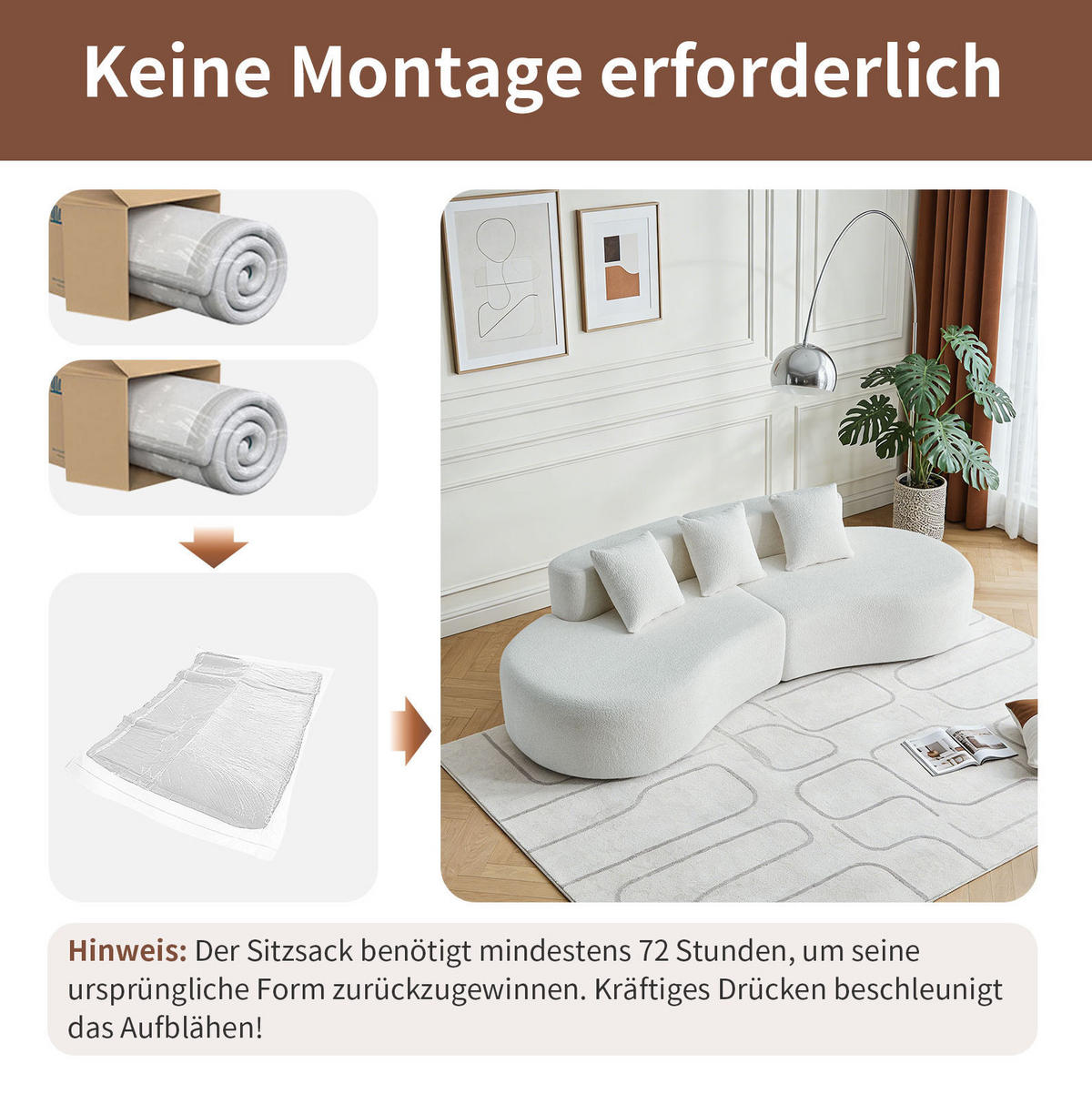 ECKSOFA mit Samtstoffbezug Weiß 277x103x68 cm, 3-Sitzer in geschwungener Form - Weiß, Textil (103/277cm) - IVMEU