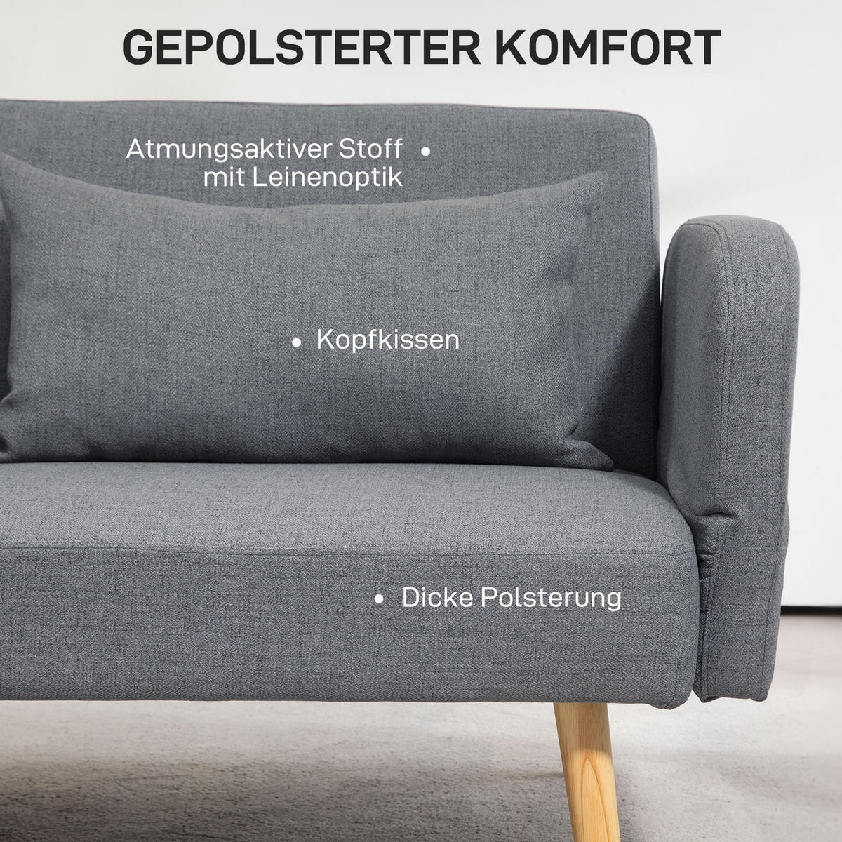 3-SITZER Schlafsofa, 2-Sitzer Klappbett mit Bettfunktion, 2 Wurfkissen Grau - Naturfarben/Grau, Holz/Textil (83/80/170cm) - HOMCOM