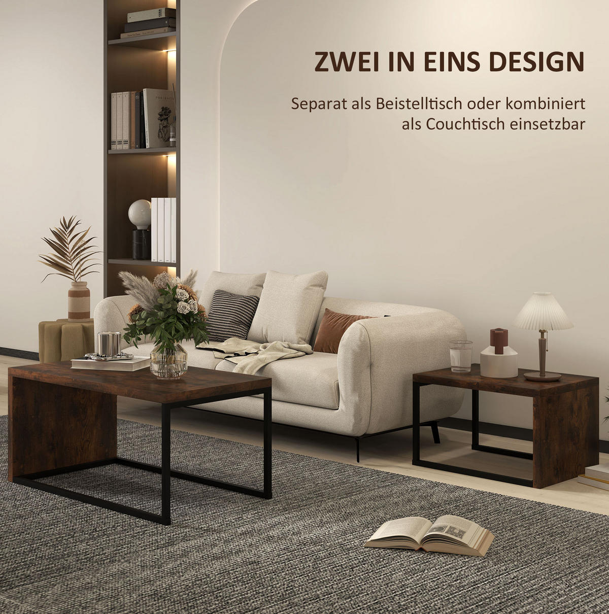 COUCHTISCH-SET 90/48/42 cm, 2 Satztische mit platzsparender Nestfunktion und Metallgestell, Rustikalbraun - Braun, Holzwerkstoff (90/48/42cm) - Redom