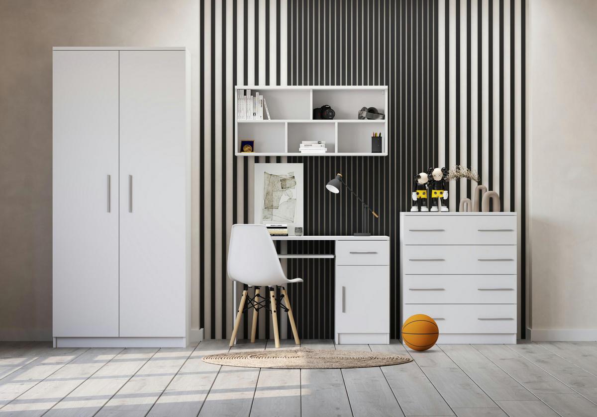 JUGENDZIMMER Arivo in Weiß 4 teilig Kinderzimmer Komplett Set mit Kleiderschrank, Schreibtisch, Kommode und Wandregal - Weiß, Holzwerkstoff (80/200/120cm)