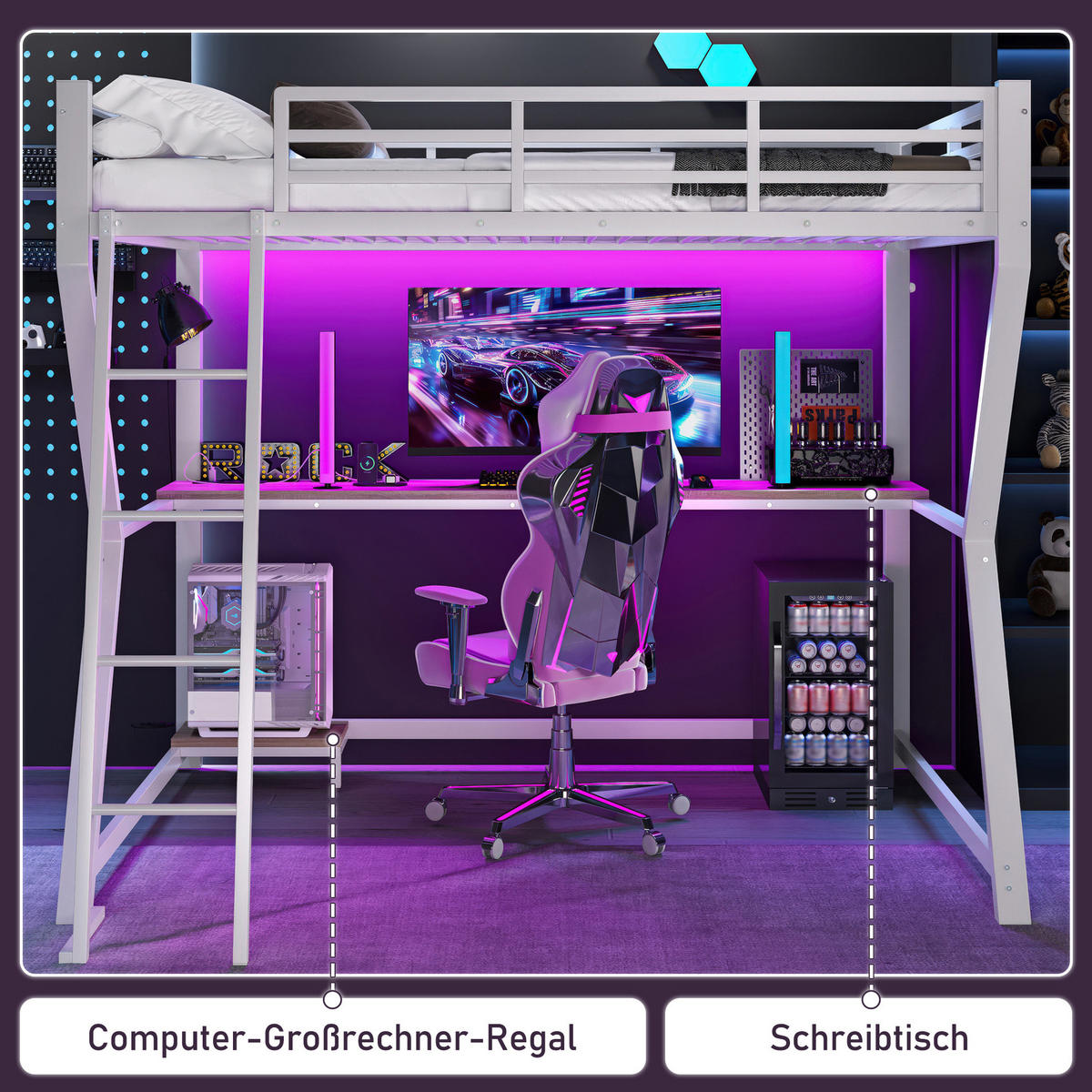HOCHBETT 90/200 cm Weiß aus Metall und MDF mit Schreibtisch und LED-Beleuchtung - Weiß, Metall (90/200cm) - OKMYHOME