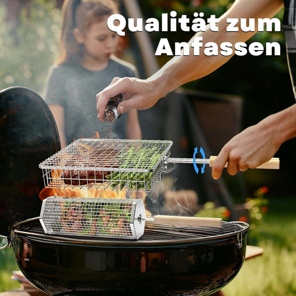 GRILLKORB Set 2-teilig Edelstahl mit Holzgriff - Silberfarben, Metall (24/15/31cm)