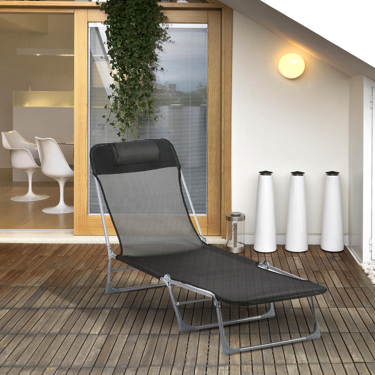 SONNENLIEGE Klappbare Gartenliege mit verstellbarer Rückenlehne und Kissen 182 x 56 x 28 cm ,Schwarz - Schwarz, Metall (56/28/182cm) - Vallsero