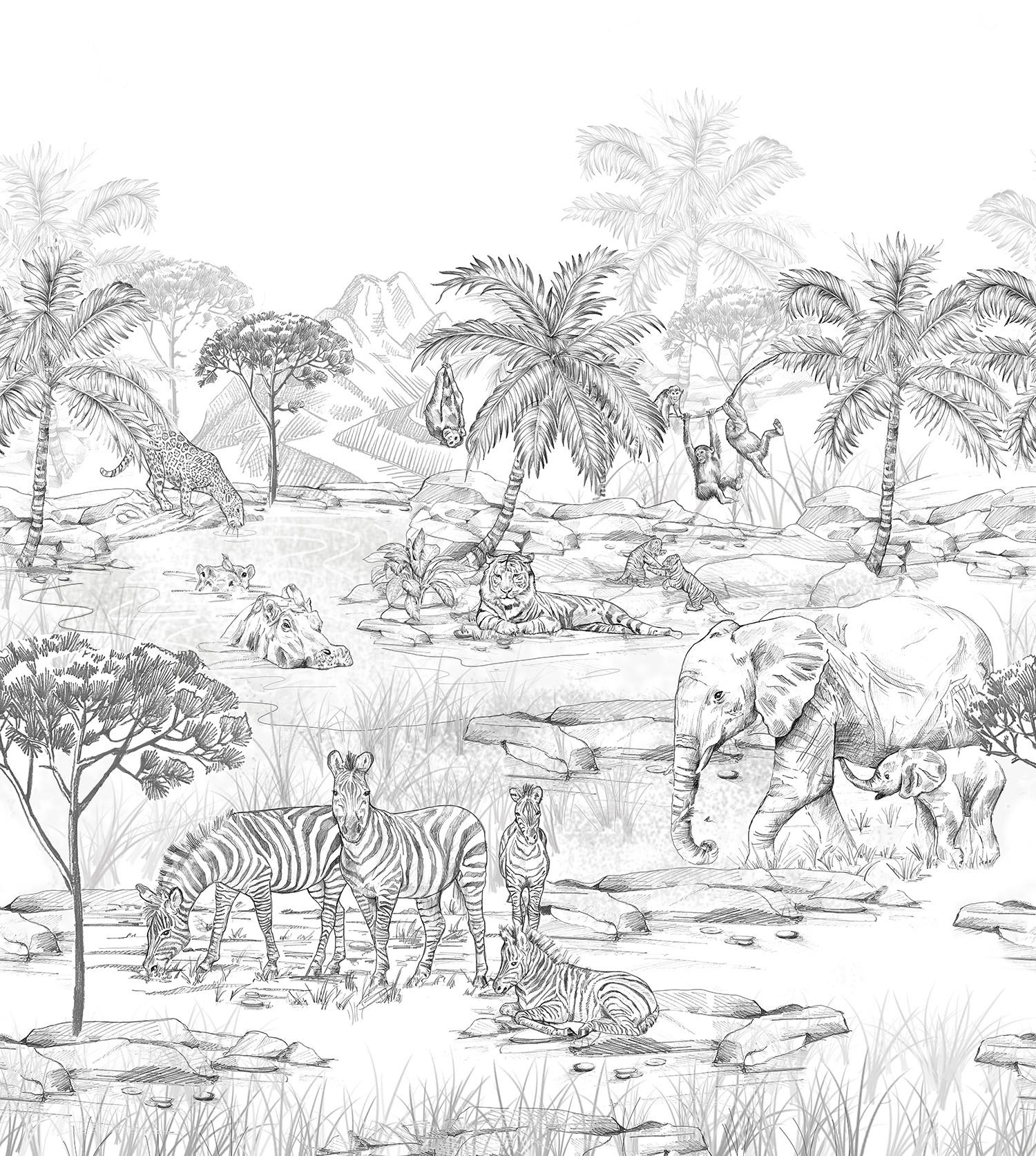 FOTOTAPETE Dschungeltiere 250 x 279 cm - Schwarz, Papier (250/279cm) - ESTAhome