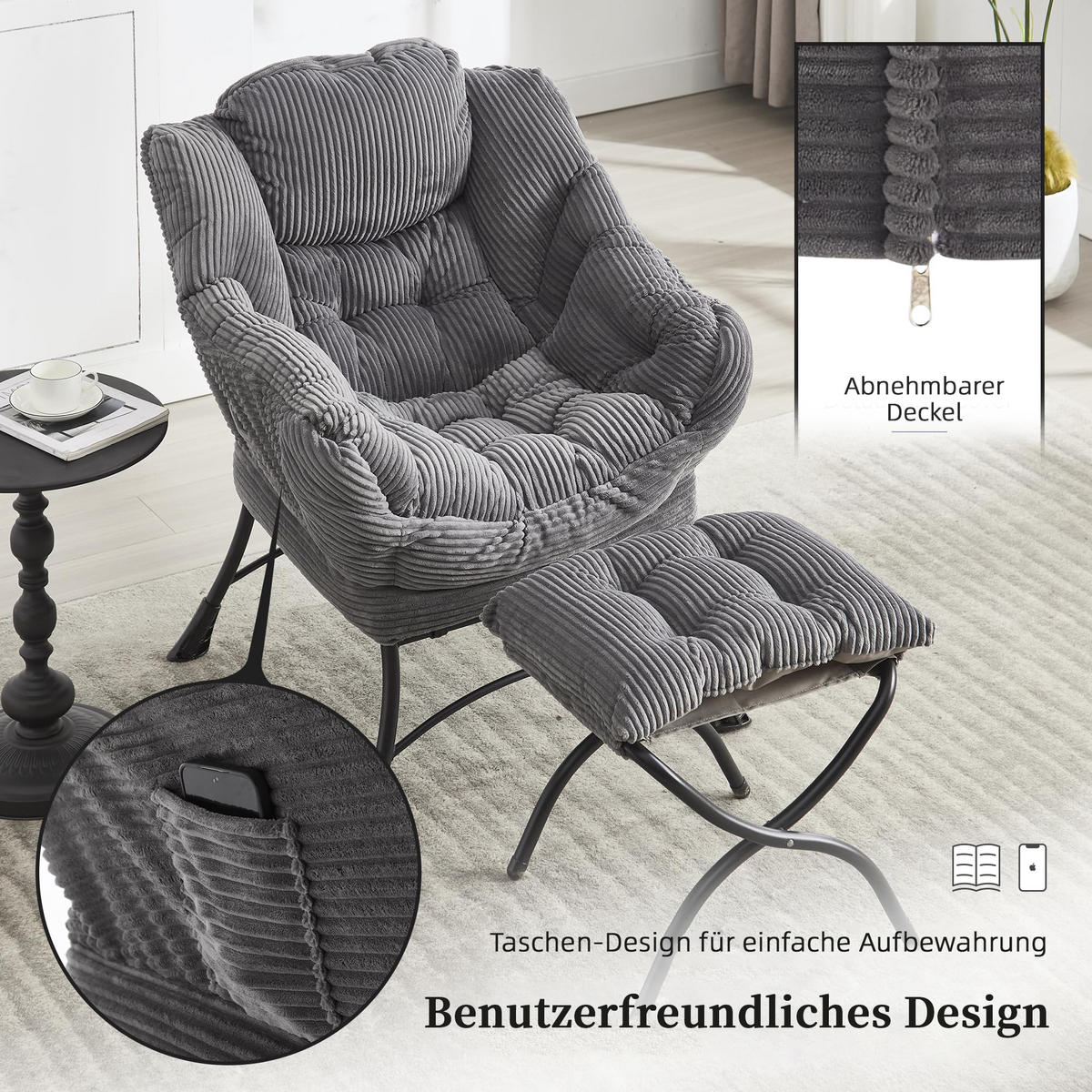 LOUNGESESSEL Relaxsessel mit Hocker,dicke Polsterung,Grau - Grau, Metall (70/95/64cm) - LVHOM