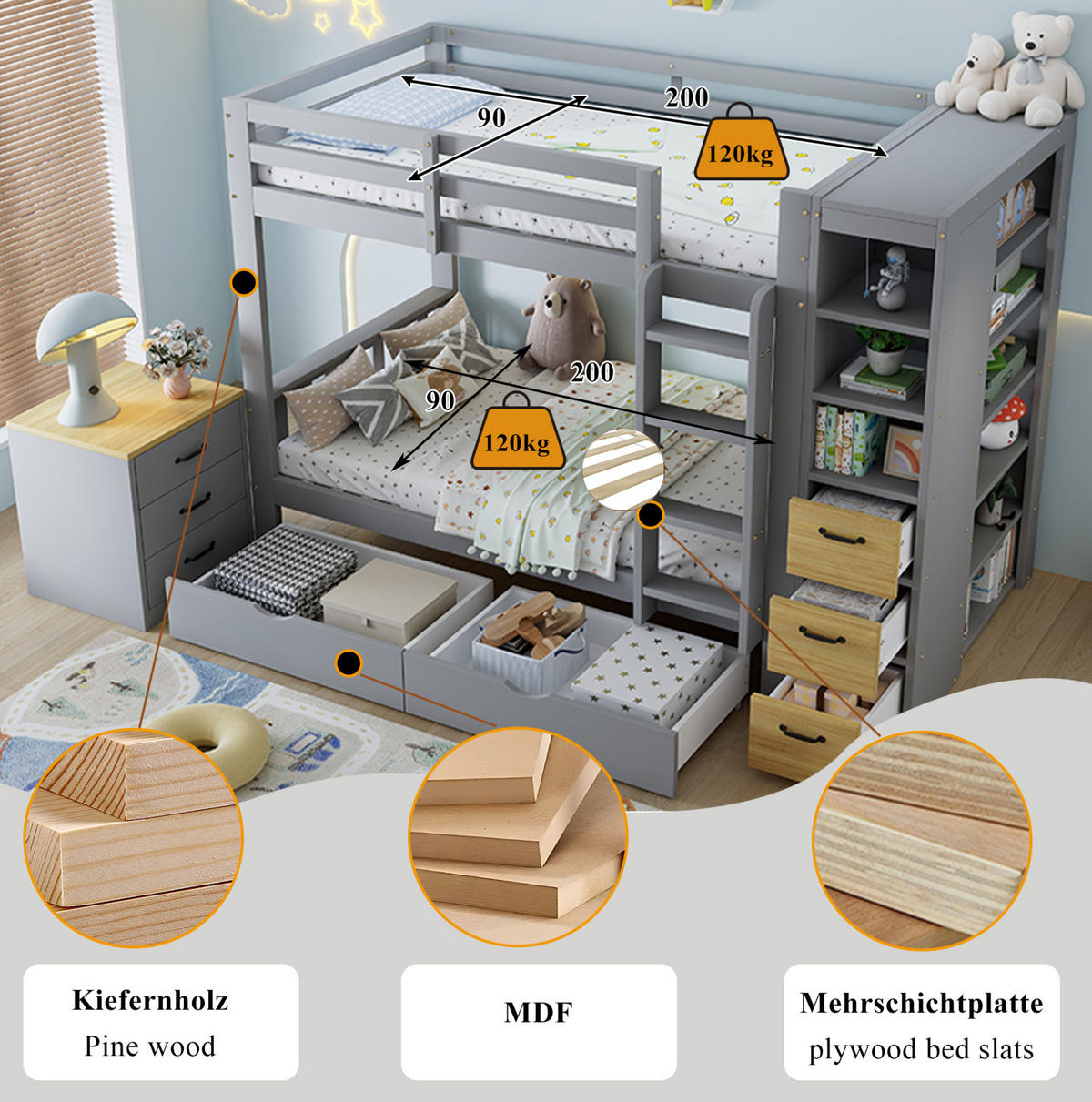 ETAGENBETT 90/200 cm Hellgrau mit Nachtkommode, Regal und Schubladen ohne Matratze - Hellgrau, Holz (90/200cm) - MIVRAY