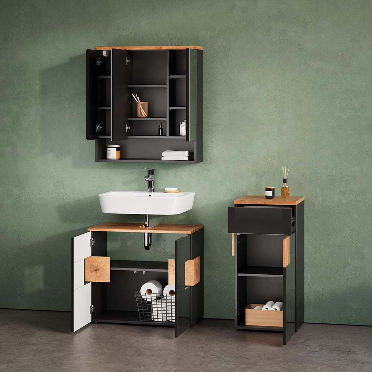 BADMÖBEL-SET Tanaro Anthrazit 3 Teile - Anthrazit/Eiche Artisan, Holzwerkstoff (73/64/37cm) - Livinity®