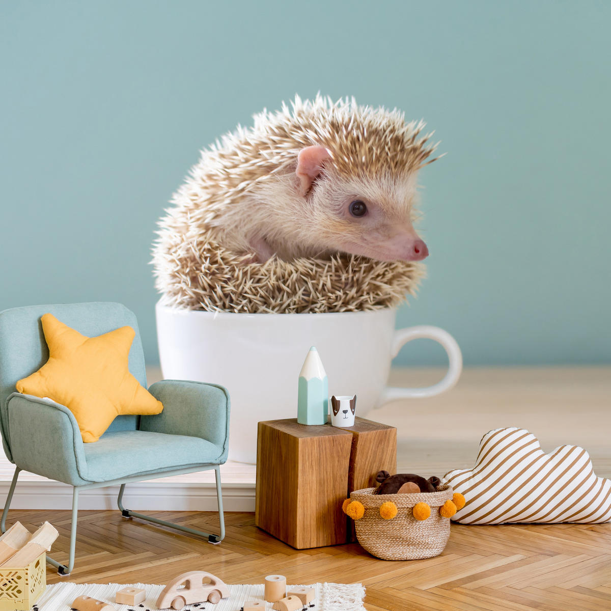 FOTOTAPETE für Esszimmer Igel Weiße Tasse Süß Tier 250x175 - Beige/Weiß, Papier (250/175cm) - Muralo