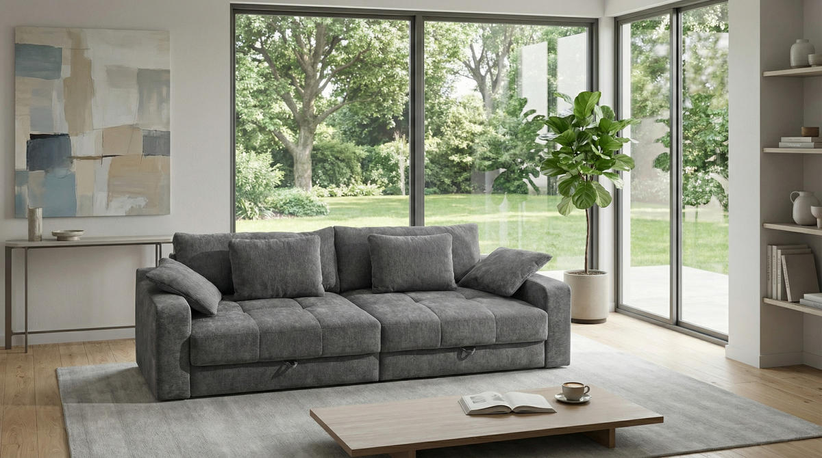 BIG-SOFA mit 2 Bettkästen, viel Stauraum, B274/T113/H84 cm, Liegefläche 103x241 cm, Chenille Grau / 15243 - Schwarz/Grau, Kunststoff/Textil (284/84/113cm) - luma-home