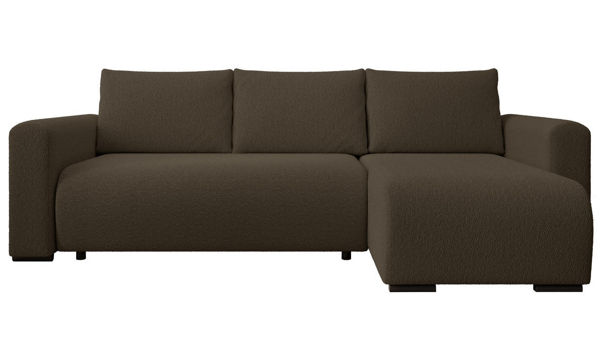 ECKSOFA DORA L, Eckcouch in L-Form mit Schlaffunktion und Bettkasten, Farbe: Dunkelbraun, Bouclé-Stoff, Ottomane Rechts - Dunkelbraun, Textil (240/143cm) - Storez24