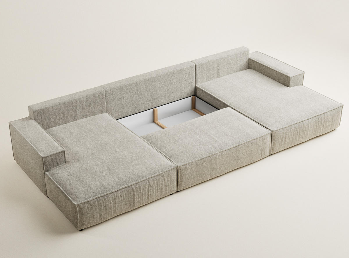 WOHNLANDSCHAFT Kyoto Beige Chenille-Stoff - Beige/Schwarz, Holz/Holzwerkstoff (398/70/148cm) - Maison de Reve