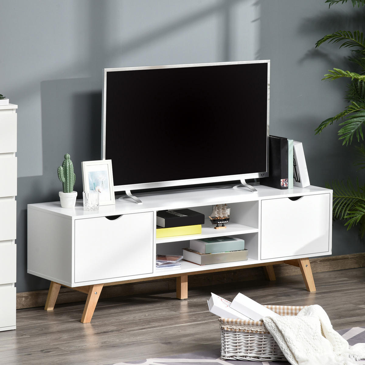 TV-LOWBOARD Weiß 150/39/50 cm, 2 Türen, Skandinavischer Stil - Weiß, Holzwerkstoff (150/50/39cm) - PANGIVO