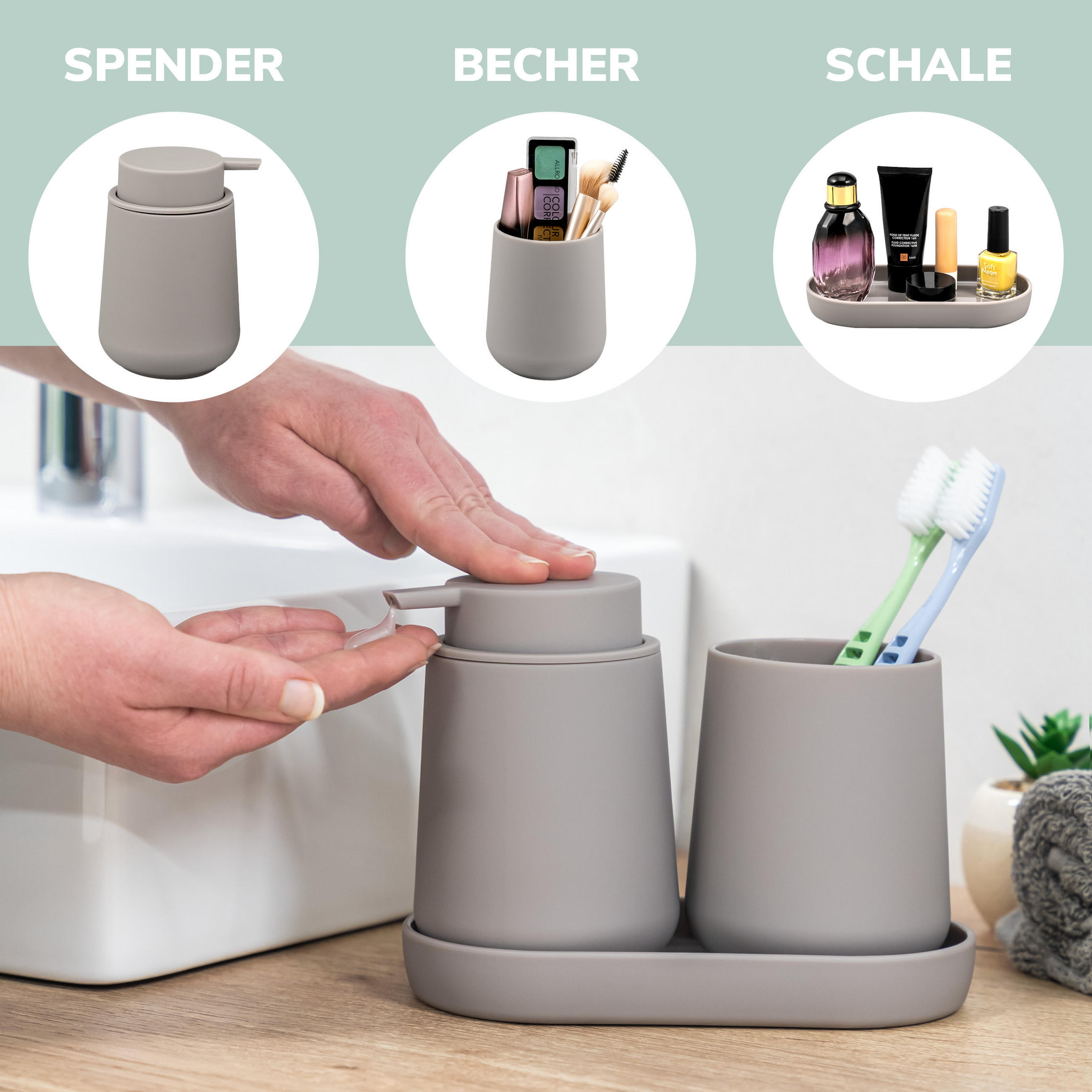 Thumbnail - eluno Bad-Accessoires-Set, Taupe, Kunststoff, 22.5x25.5x25 cm, Badaccessoires