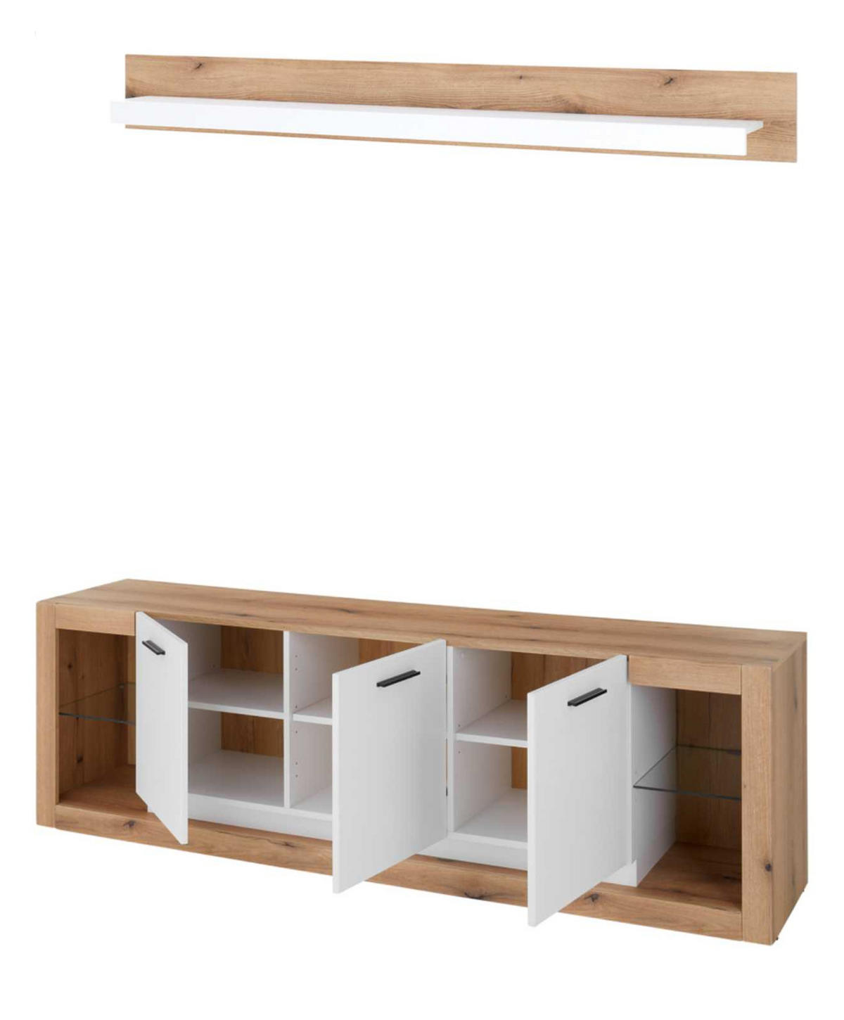 WOHNZIMMER-SET Wandboard weiß matt, Evoke Eiche, Wohnkombination Set 2-teilig - Eichefarben/Silberfarben, Glas/Holzwerkstoff (198/170/43cm) - Furn.Design