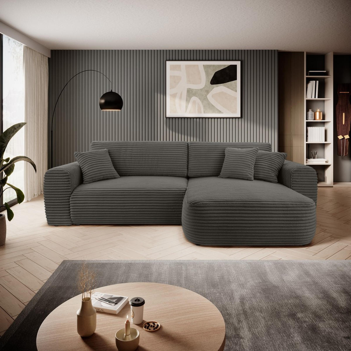 ECKSCHLAFSOFA Harmonia Dunkelgrau rechts - Dunkelgrau/Schwarz, Textil (297/169cm) - Beautysofa