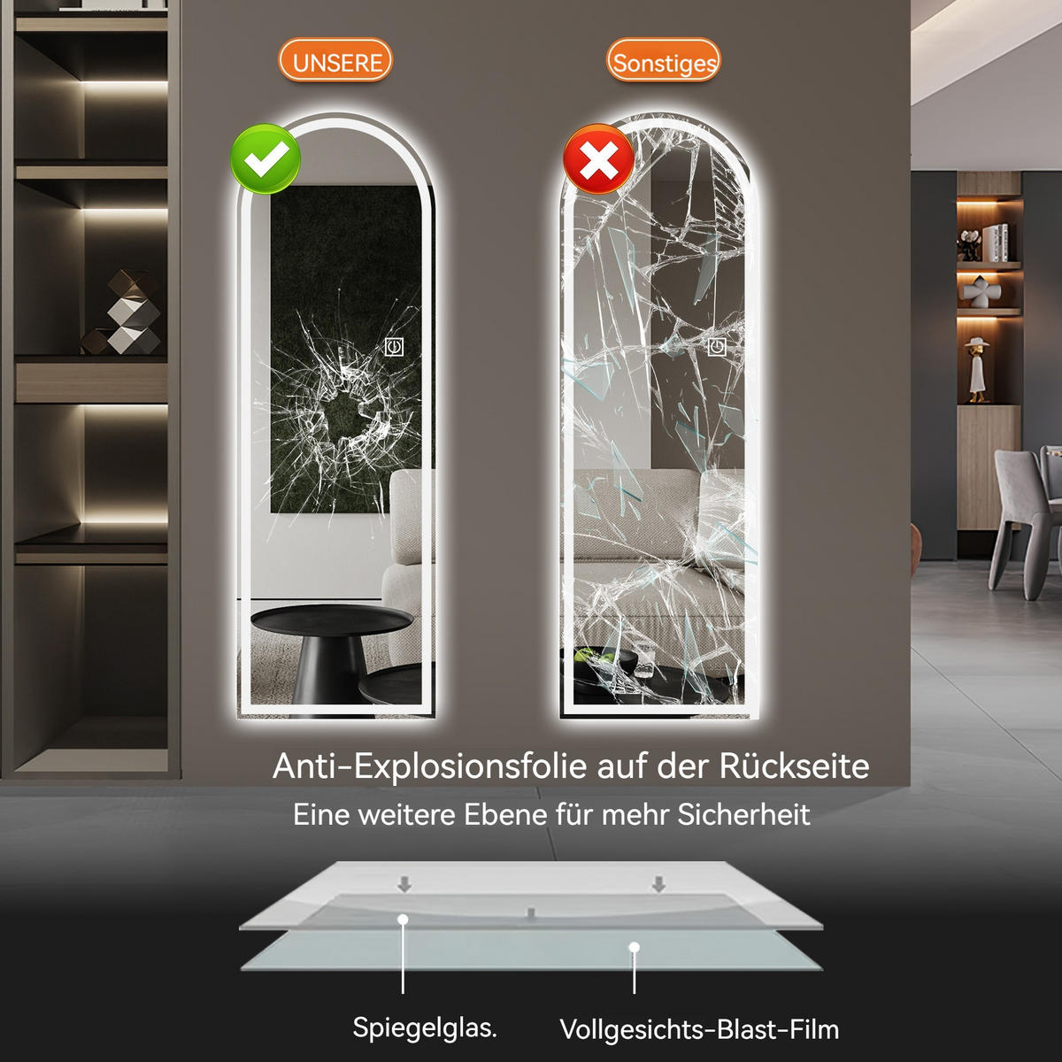 STANDSPIEGEL 165x50 cm mit LED – Ganzkörperspiegel bogenförmig, dimmbar, 3 Lichtfarben, für Schlafzimmer & Ankleidezimmer - Silberfarben, Glas (50/3/165cm) - Ej. Life