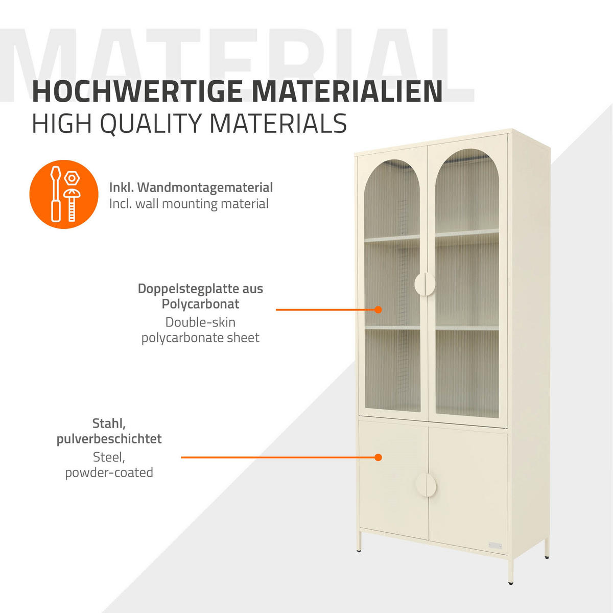 VITRINENSCHRANK 80x185x40 cm Creme aus Stahl mit 4 Türen - Beige, Metall (80/185/40cm) - ML-DESIGN