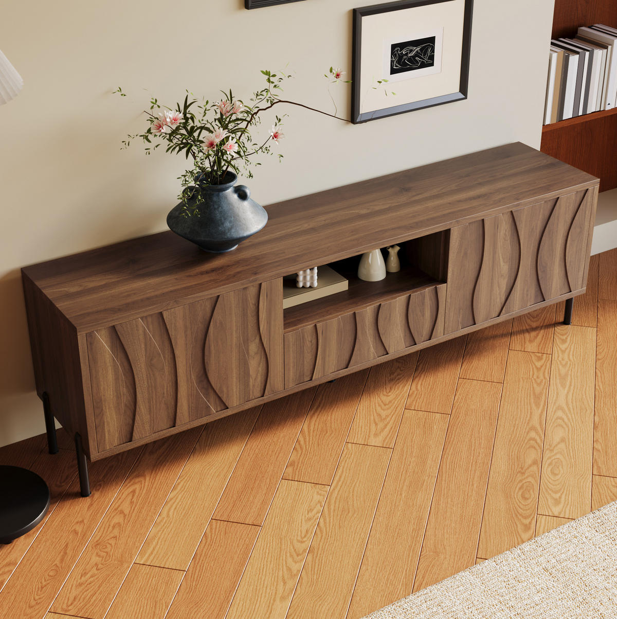 TV-SCHRANK aus MDF 160x35x46 cm Natur mit Kabeldurchführung und Stauraum, wellenförmiges Türdesign - Naturfarben, Holzwerkstoff (160/46/35cm) - Modfu